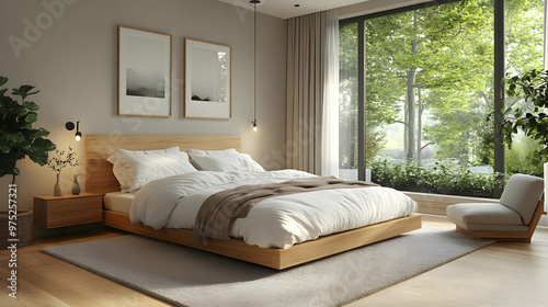 A minimalist bedroom with a king-size bed, a large window overlooking a garden, and a wooden nightstand.