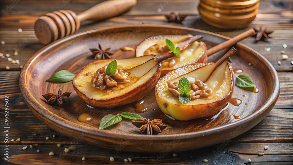 Baked pear slices drizzled with honey and sprinkled with cinnamon on a rustic plate , food, dessert, fruit, sweet, delicious Baked pear slices drizzled with honey and sprinkled with cinnamon on a rustic plate , food, dessert, fruit, sweet, delicious