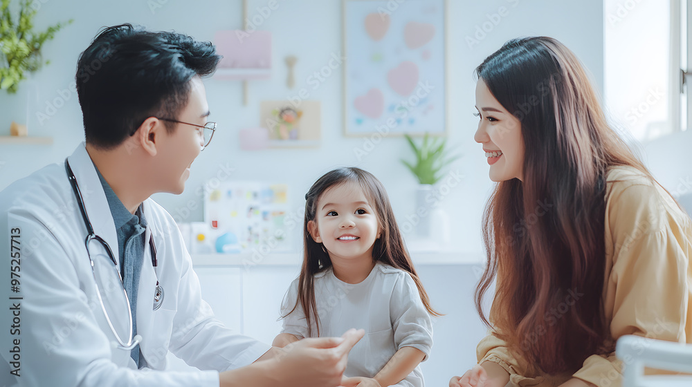 Caring Pediatrician Interacting with Child and Family in a Welcoming Clinic Caring Pediatrician Interacting with Child and Family in a Welcoming Clinic