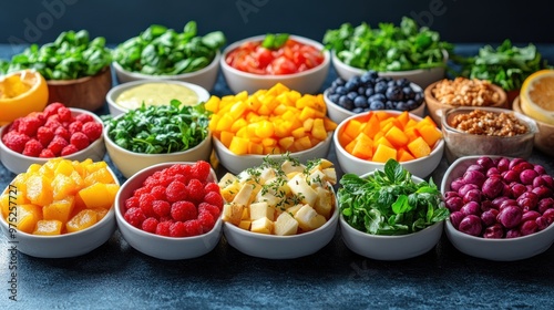 A colorful arrangement of fresh fruits and greens in bowls.