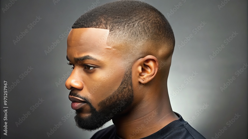 A sleek fade haircut emphasizing a seamless transition from a shaved head to longer hair on a black A sleek fade haircut emphasizing a seamless transition from a shaved head to longer hair on a black