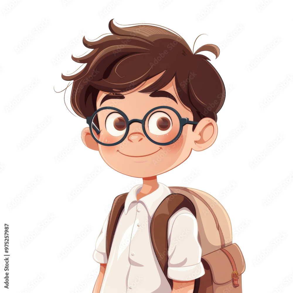 A cartoon boy with glasses and a backpack is smiling A cartoon boy with glasses and a backpack is smiling