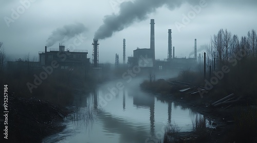 Industrial smog and fog mingle above a river, shrouding the landscape in a hazy veil. photo