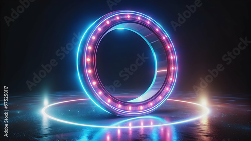 Glowing futuristic ring with neon lights and reflections on a dark surface, neon lights, glowing, futuristic, ring