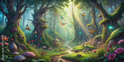 Fantasy realm filled with enchanted creatures in a mystical forest , mythical, magical, fairytale, creatures, elves