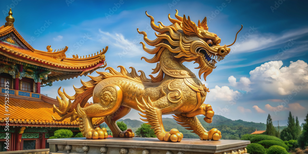 Majestic qilin statue in traditional Chinese art style, qilin, mythical creature, statue, Chinese art, majestic