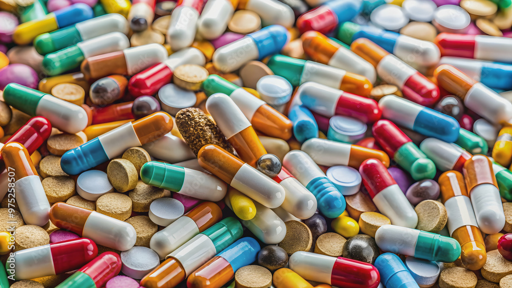 Close up photo of various pills and cigarettes, representing addiction and healthcare choices, pills, smoking Close up photo of various pills and cigarettes, representing addiction and healthcare choices, pills, smoking