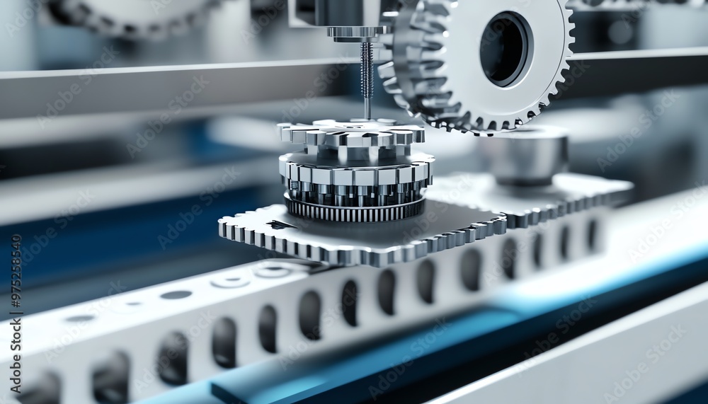 Close-up of a complex mechanical system with stacked gears and a threaded rod Close-up of a complex mechanical system with stacked gears and a threaded rod