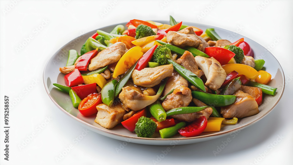 Delicious stir-fried chicken with colorful vegetables on a white plate, healthy, meal, food, dish, chicken, vegetables Delicious stir-fried chicken with colorful vegetables on a white plate, healthy, meal, food, dish, chicken, vegetables