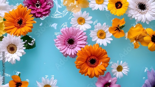 Colorful flowers float gracefully on the surface of blue water, a scene of delicate beauty.