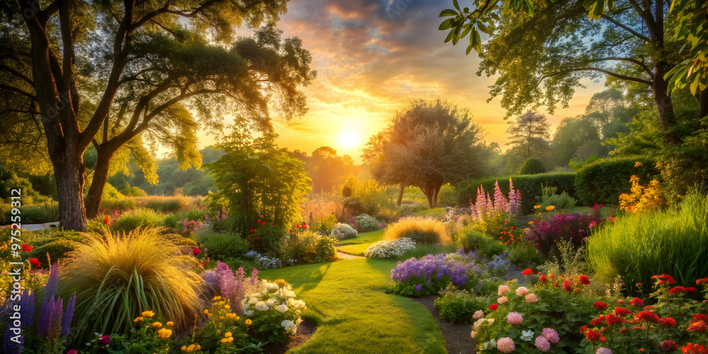 Tranquil garden at sunset with soft, golden light filtering through trees, highlighting lush foliage and vibrant flowers Tranquil garden at sunset with soft, golden light filtering through trees, highlighting lush foliage and vibrant flowers