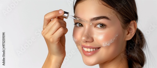 Smiling Caucasian Woman Applying Hyaluronic Acid Serum, Enriched with Vitamin C and Niacinamide for Hydration and Radiant Skin, Solid White Background, Copy Space.