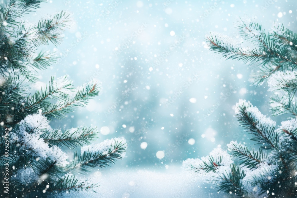 A serene winter landscape featuring snow-covered pine trees with delicate snowflakes falling gently, perfect for a festive Christmas atmosphere A serene winter landscape featuring snow-covered pine trees with delicate snowflakes falling gently, perfect for a festive Christmas atmosphere
