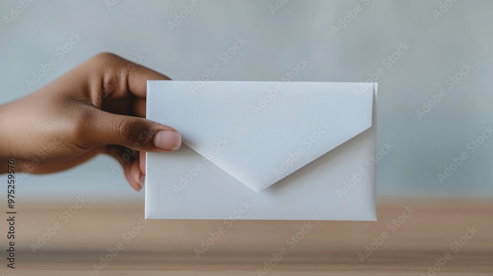 Fototapeta premium Close-up of a hand sealing an envelope with a mail-in ballot, mail-in voting, voting from home.