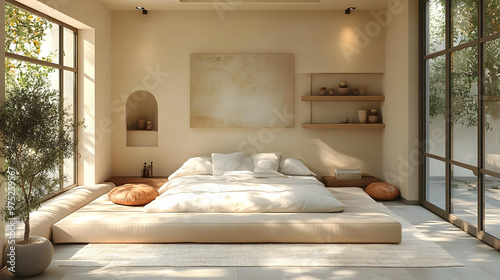 A minimalist bedroom with a platform bed, large windows, and a neutral color scheme. The room is decorated with a few plants and a large painting above the bed. Sunlight streams through the windows.