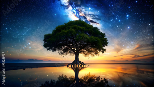 Tree silhouette with roots on a beach background, under a sky filled with stars