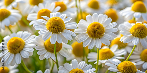 Close up of Matricaria recutita (chamomile) flowers with white petals and yellow centers photo