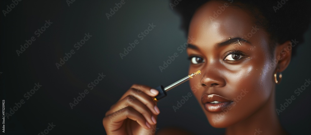Obraz premium Afro-American Woman Applying Hyaluronic Acid Serum, Enriched with Vitamin C and Niacinamide for Hydration and Radiant Skin, Copy Space