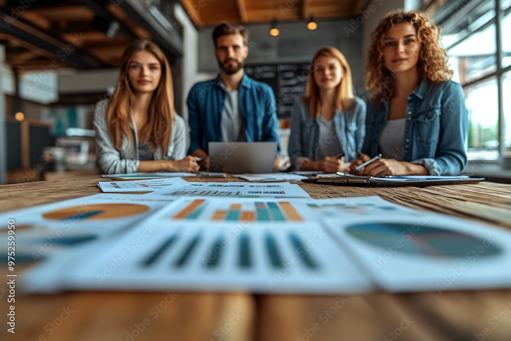 Fototapeta premium Business Team Meeting with Charts and Graphs on Wooden Table