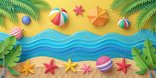 Colorful summer beach background with tropical paper craft style design, summer, colorful, beach, tropical, paper craft