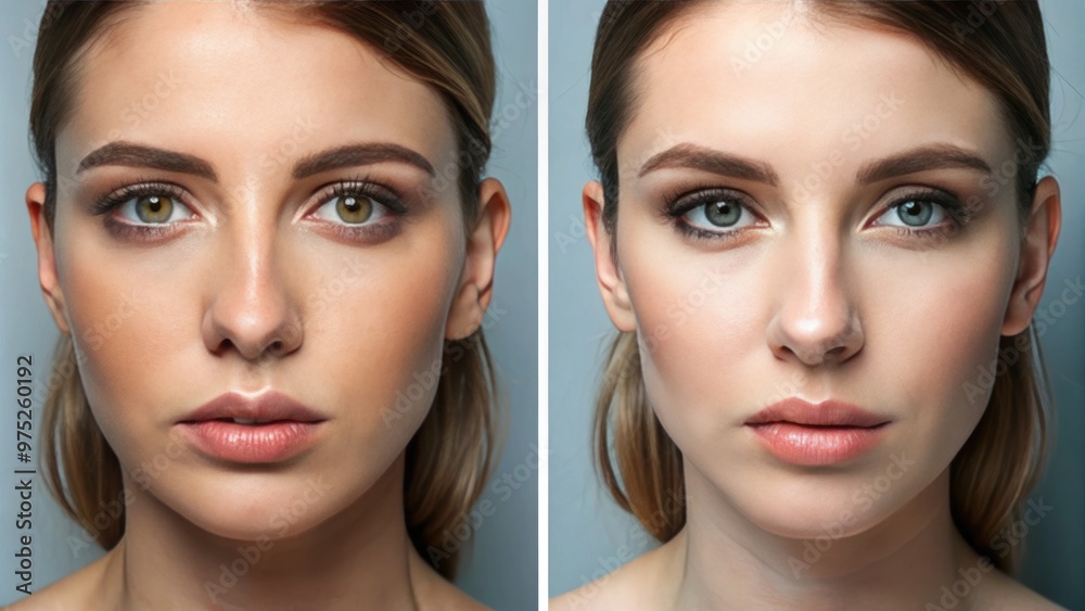 Before rhinoplasty surgery, her nose appears slightly bulbous, with a downward curving tip and a slightly misshapen Before rhinoplasty surgery, her nose appears slightly bulbous, with a downward curving tip and a slightly misshapen