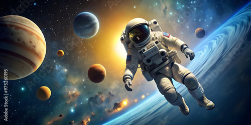 Fototapeta Naklejka Na Ścianę i Meble -  of astronaut in space observing solar system , astronaut, space, solar system, universe, exploration, astronomy