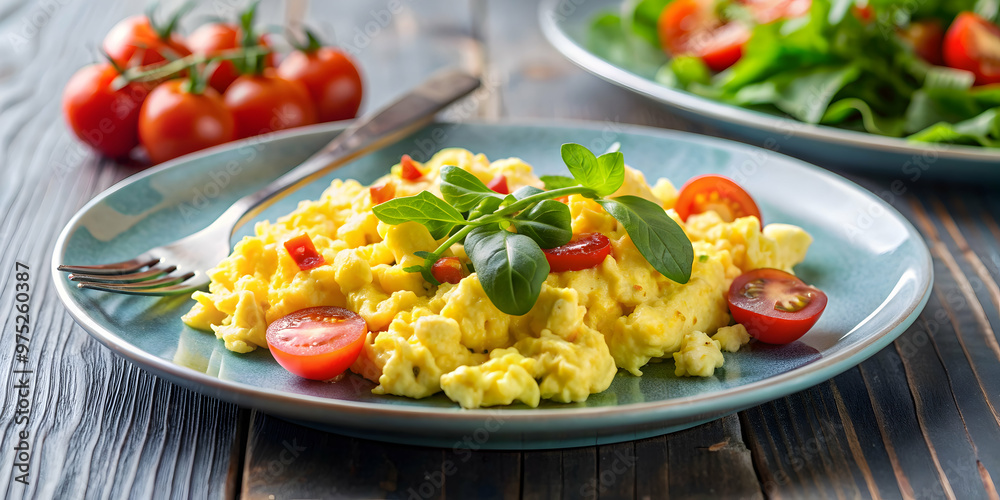Scrambled eggs with diced tomatoes and fresh salad on a plate, breakfast, scrambled eggs, tomato, salad, healthy, delicious Scrambled eggs with diced tomatoes and fresh salad on a plate, breakfast, scrambled eggs, tomato, salad, healthy, delicious