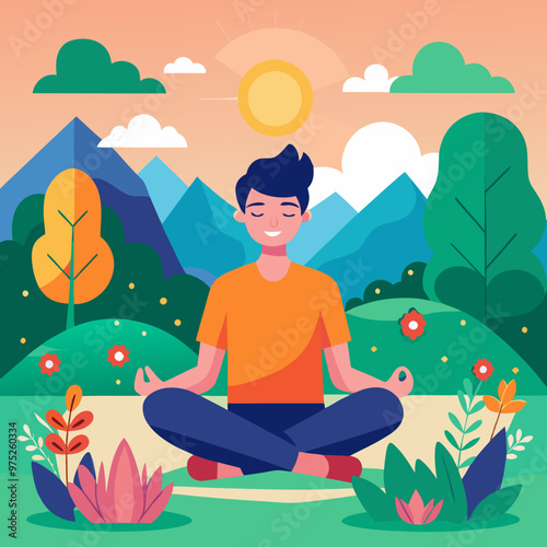 Colorful illustration of a young man meditating in a serene landscape with mountains and trees