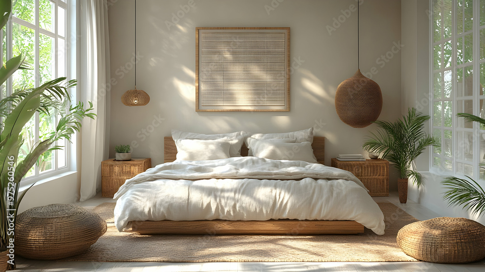 A minimalist bedroom with a wooden bed, two nightstands, a rug, two wicker poufs, two hanging wicker pendant lamps, and large windows with a view of tropical plants. A minimalist bedroom with a wooden bed, two nightstands, a rug, two wicker poufs, two hanging wicker pendant lamps, and large windows with a view of tropical plants.