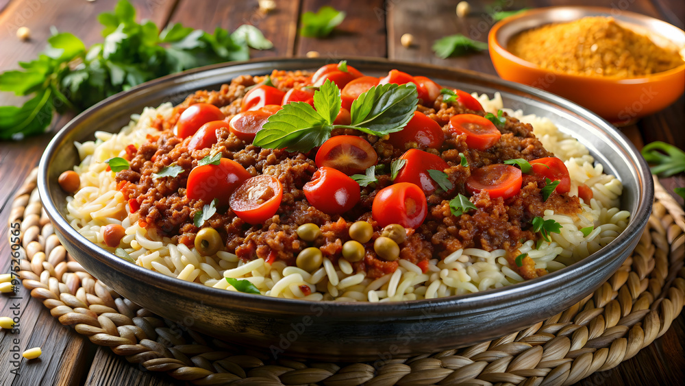 A close-up of a delicious Egyptian koshari dish with layers of rice, macaroni, lentils, and spicy tomato sauce, Egypt A close-up of a delicious Egyptian koshari dish with layers of rice, macaroni, lentils, and spicy tomato sauce, Egypt