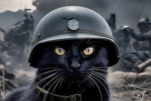 black cat in world war 3 wearing protection armor. survival for fittest. Generative AI