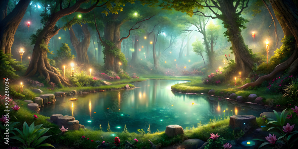 Fototapeta premium Enchanted fairy woods pond with mystical atmosphere , fairy, woods, pond, enchanted, magical, nature, forest, whimsical