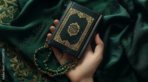 A woman's hand holding a green and gold Quran with tassels, a black hijab, close-up on the hands and Muslim prayer beads only photo