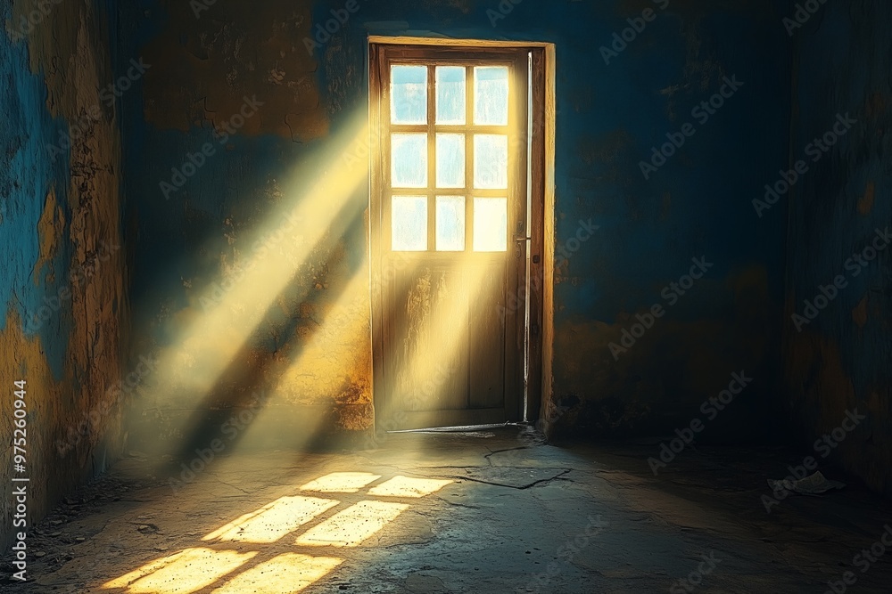 Dark room open doors. Sunlight shines through windows, rays, glare. Abstract room. Magical atmosphere.