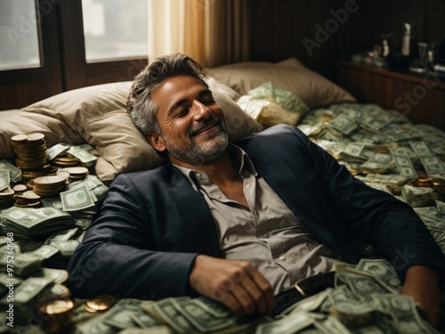 man sleeping on a bed falling money