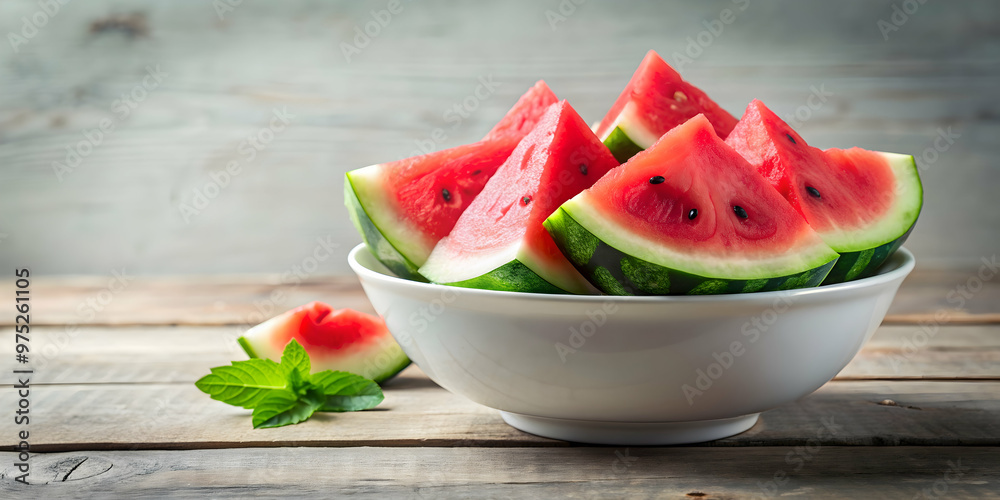 Fresh watermelon slices in a white bowl, refreshing, juicy, summer, fruit, healthy, organic, red, green, colors, slices Fresh watermelon slices in a white bowl, refreshing, juicy, summer, fruit, healthy, organic, red, green, colors, slices
