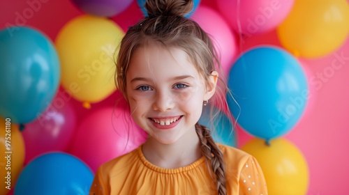 smiling girl with balloons on pink background on birthday