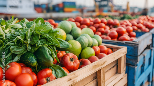 Fresh Produce In Wooden Crates At Market