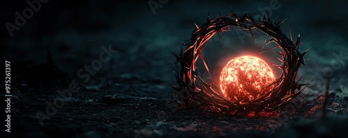 Wallpaper Mural A glowing orb encircled by a thorny crown, symbolizing anguish and transformation, set against a dark, ethereal backdrop. Torontodigital.ca