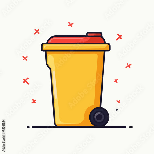 Yellow trash can with red lid and red x's around it