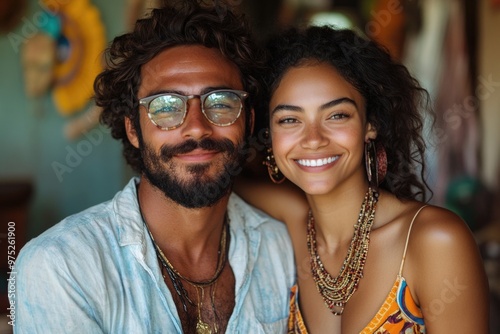 Joyful Multiethnic Young Couple Smiling Together in Their Summer Backyard of a Cozy Country Home