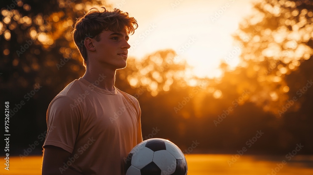 Fototapeta premium Determined Young Man with Soccer Ball on Outdoor Field at Sunset with Orange Illumination