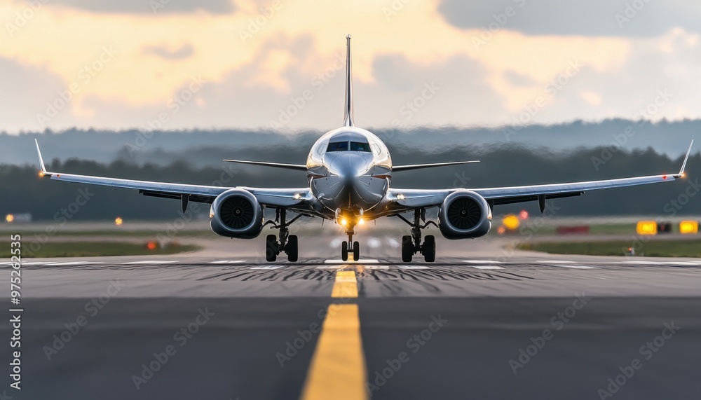Close-up of a commercial airplane on a runway preparing for takeoff during sunset with scenic landscape in the background. Close-up of a commercial airplane on a runway preparing for takeoff during sunset with scenic landscape in the background.