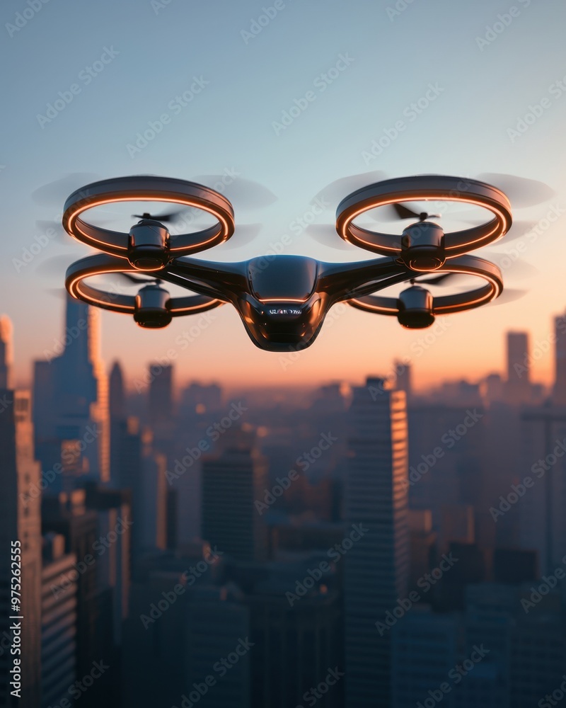 Drone flying over a cityscape at sunset, capturing urban skyline views with warm orange hues. Drone flying over a cityscape at sunset, capturing urban skyline views with warm orange hues.