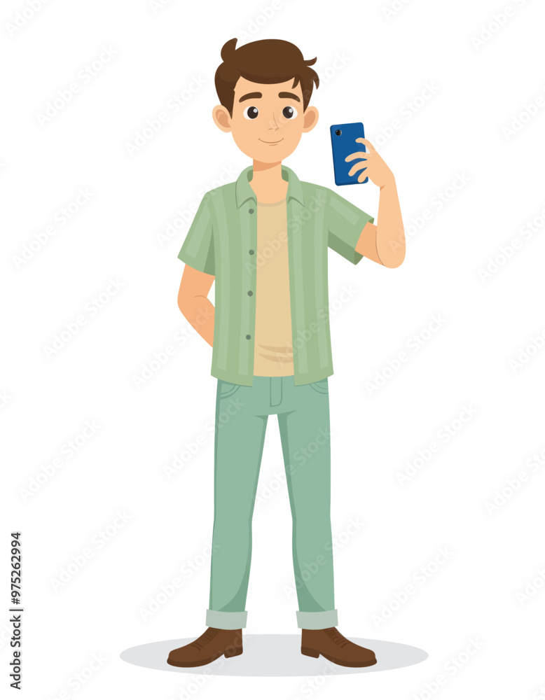 Smiling Man in Green Shirt and Pants Taking Selfie with Phone Smiling Man in Green Shirt and Pants Taking Selfie with Phone