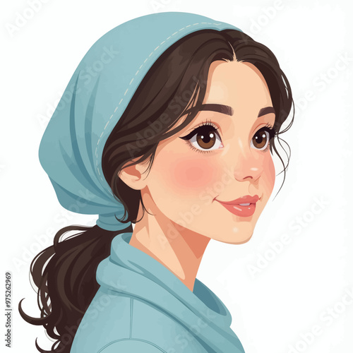 Smiling Woman with Blue Headscarf and Blue Sweater, Illustration Style