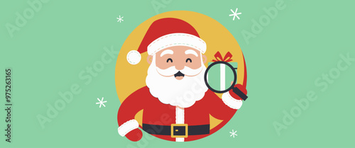 Santa Claus with magnifying glass, smiling, and holding a present