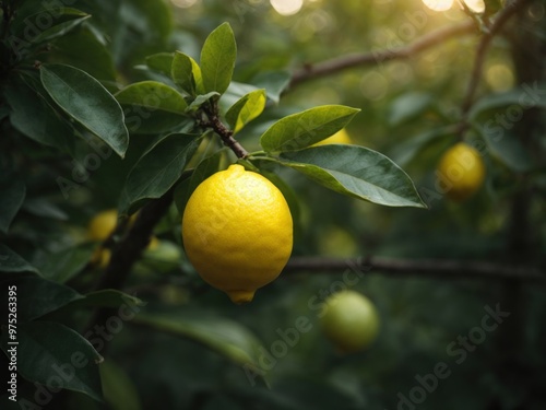 lemon growing on a tree morning