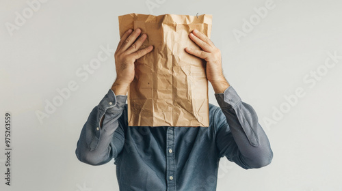 Man with a paper bag over his head on transparent background photo