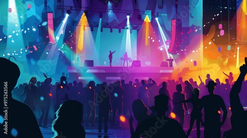 An illustrated night scene of a music festival with neon lights and a bustling crowd